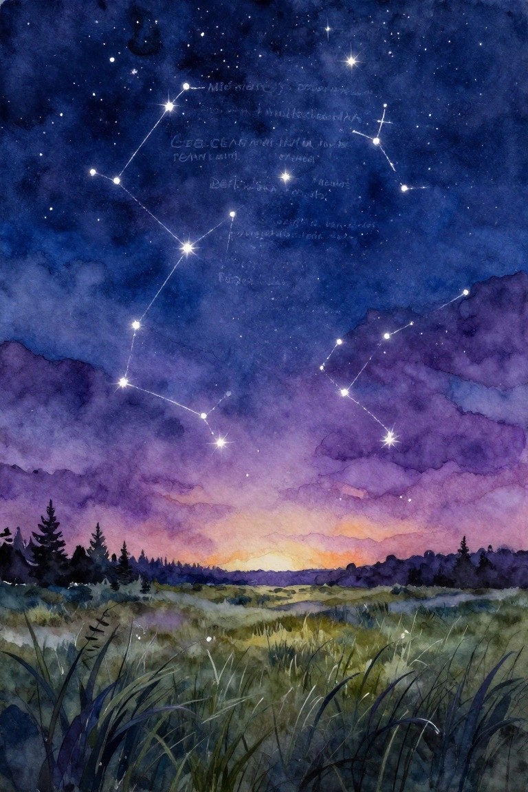 Watercolor of labeled constellations over purple clouds and a grassy field at dusk.