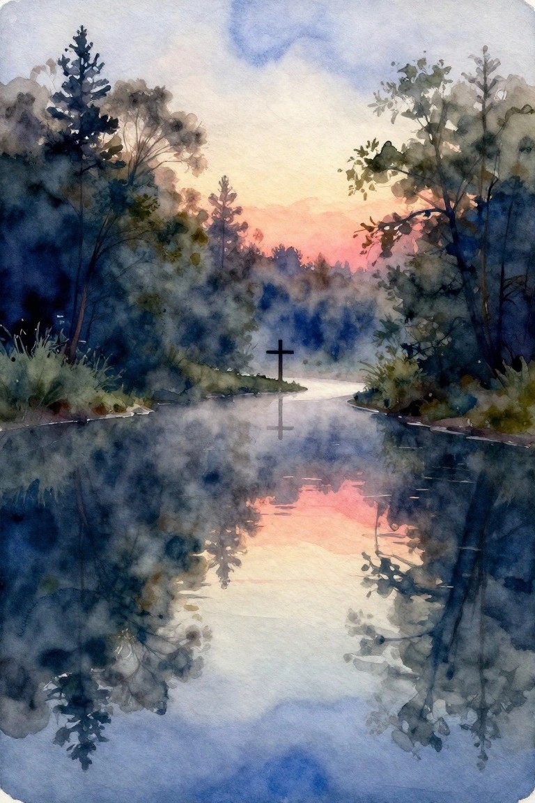 Watercolor of misty pond at sunset with silhouetted cross and pink reflections.