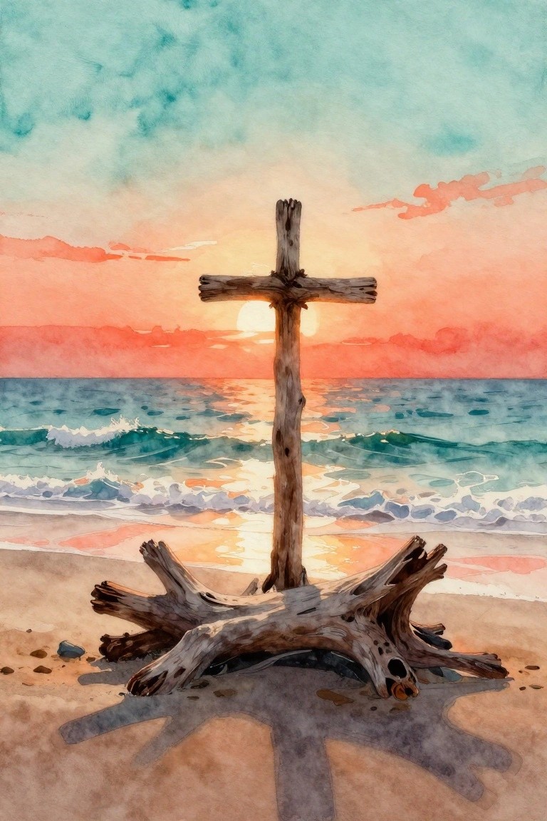 Rustic driftwood cross on beach at sunset with ocean waves and colorful sky