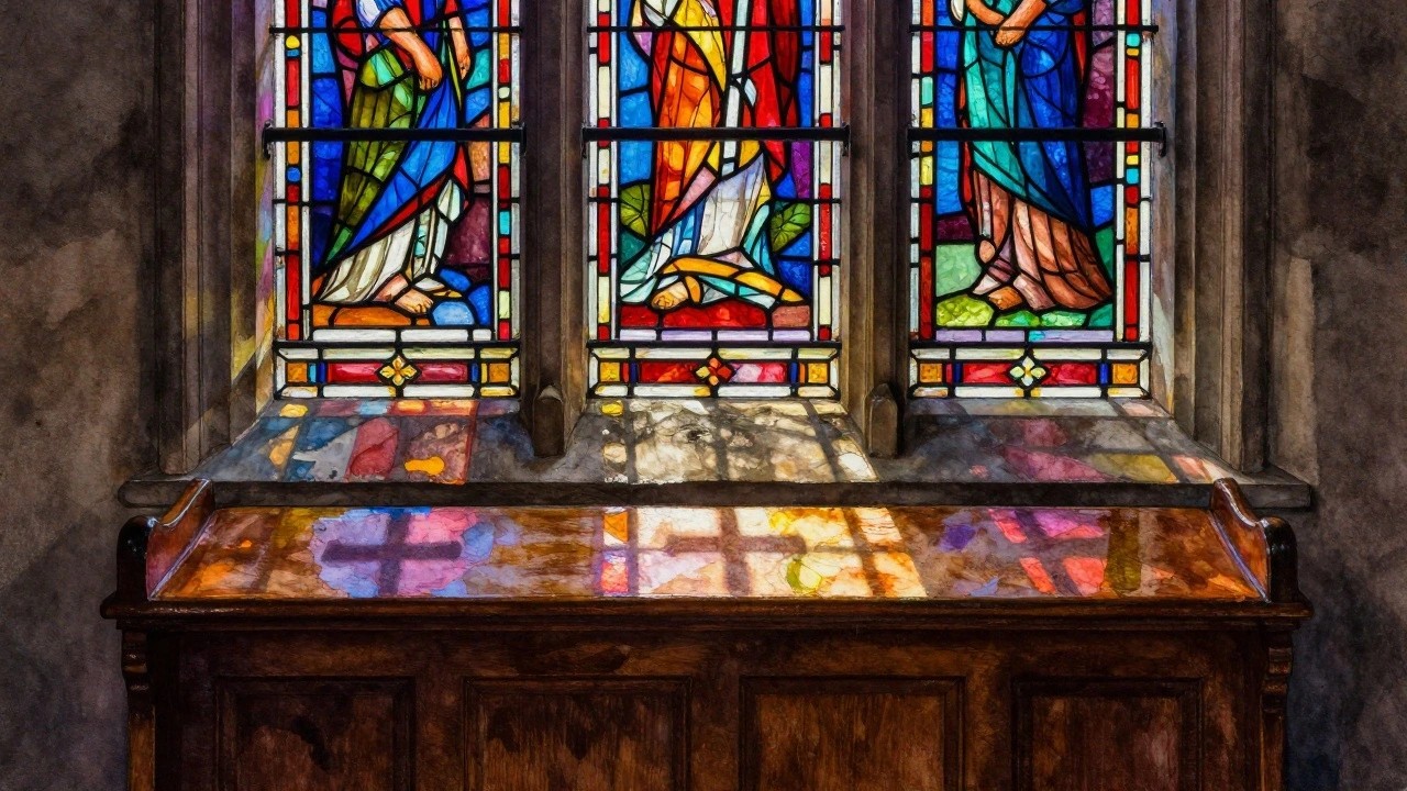 Colorful stained glass church window with cross above wooden pews in sunlight