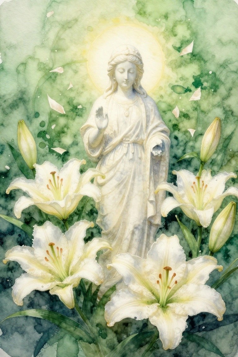 Watercolor of haloed woman in white robes raising hand amid blooming lilies on green background