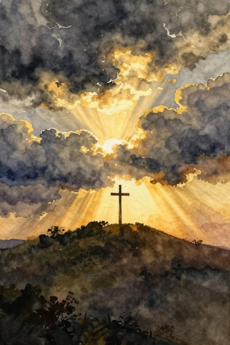 Watercolor of silhouetted cross on hill with golden rays piercing dark stormy clouds.