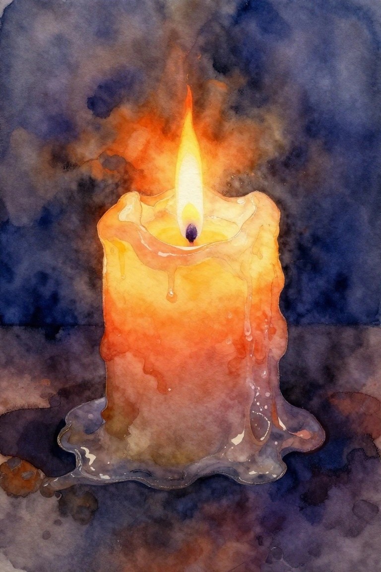Watercolor of a lit melting candle with dripping wax pooling on dark background