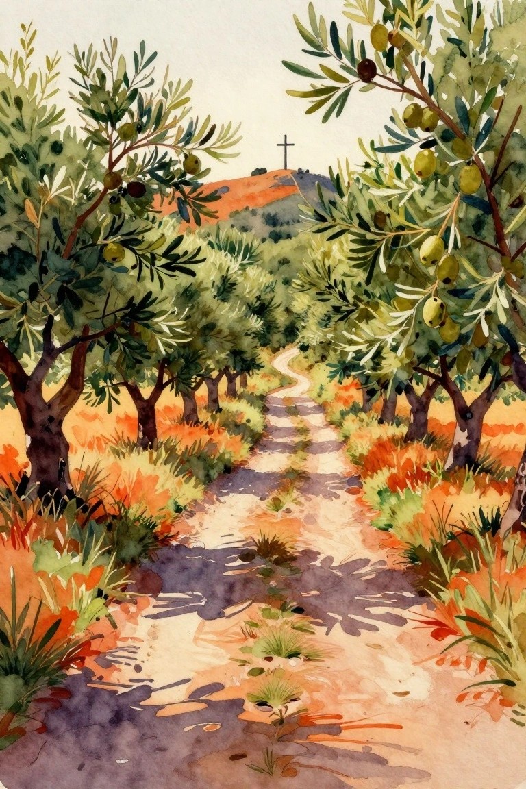 Winding path through sunlit olive grove toward cross on distant hill