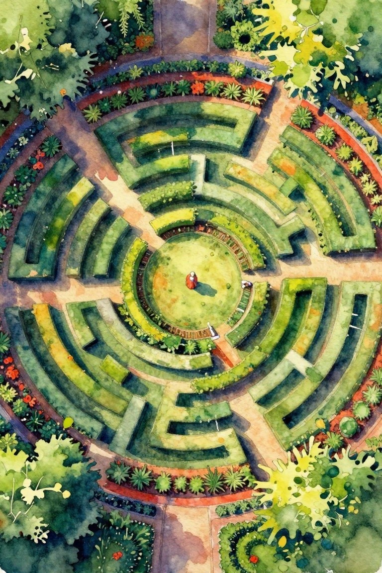 Overhead watercolor of lush circular hedge maze with central red figure