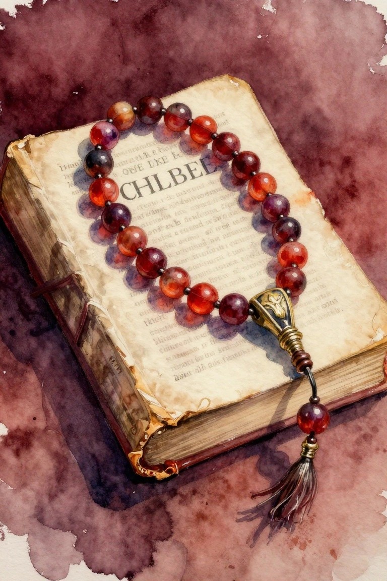 Red prayer beads with tassel draped over an open weathered book on purple watercolor background