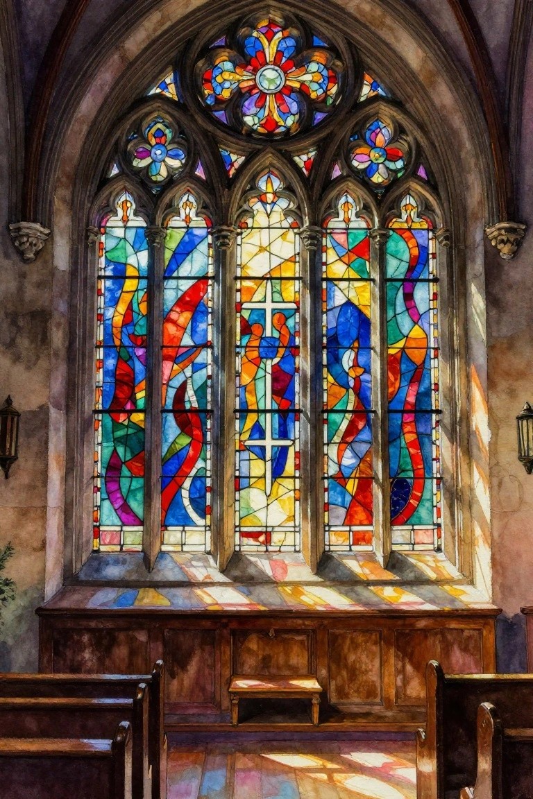 Colorful stained glass church window with cross above wooden pews in sunlight