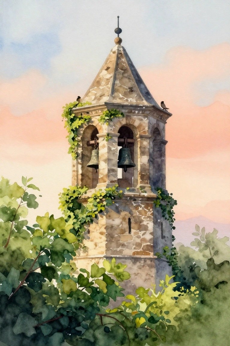 Watercolor of ivy-covered stone bell tower with hanging bells and perched birds at sunset.