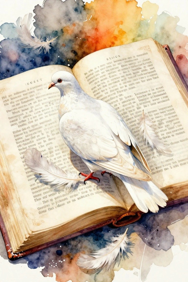 White dove perched on open antique book with scattered feathers in vibrant watercolor style