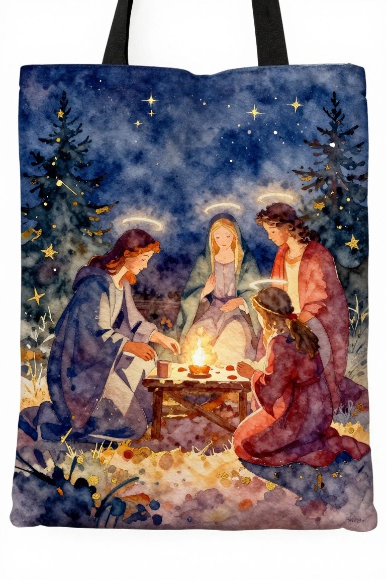 Watercolor painting of four figures gathered around a small manger with a flame on a starry night with pine trees.