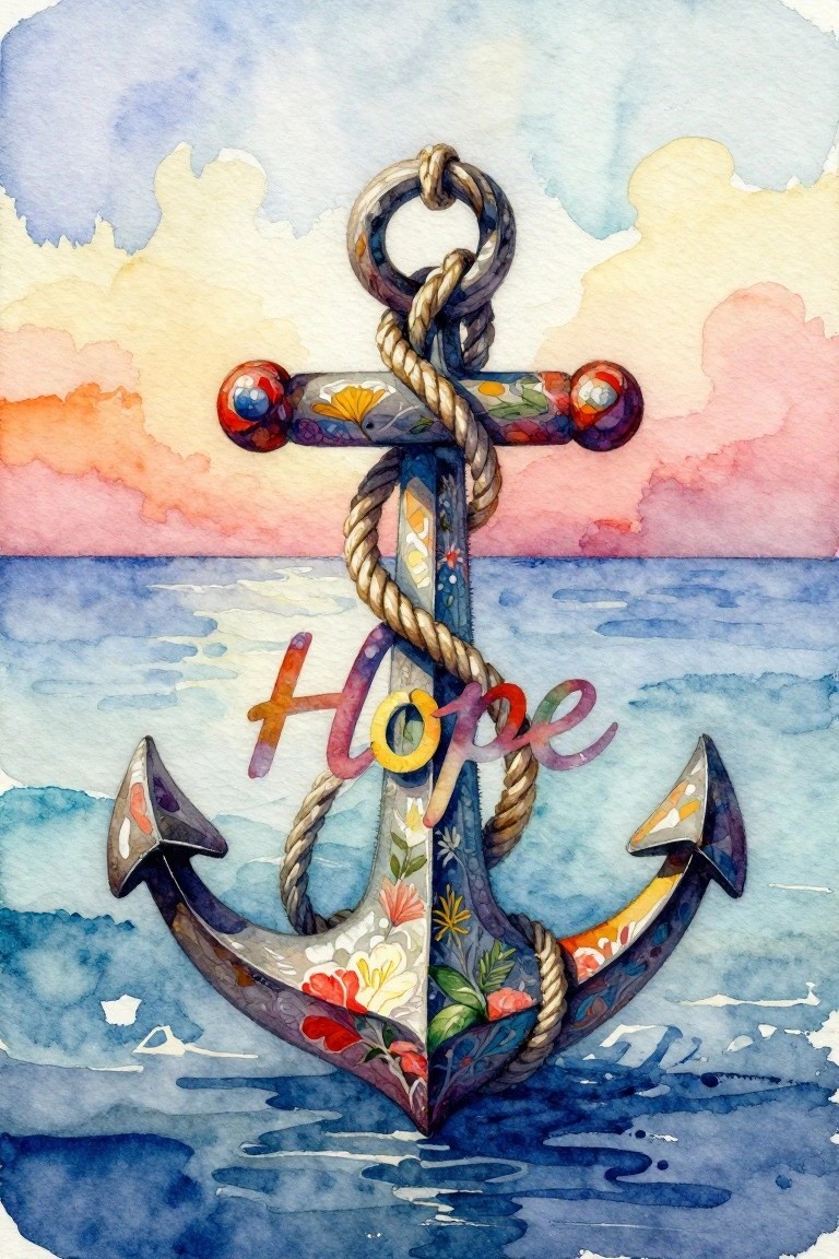 Watercolor anchor with floral patterns, rope, and colorful 