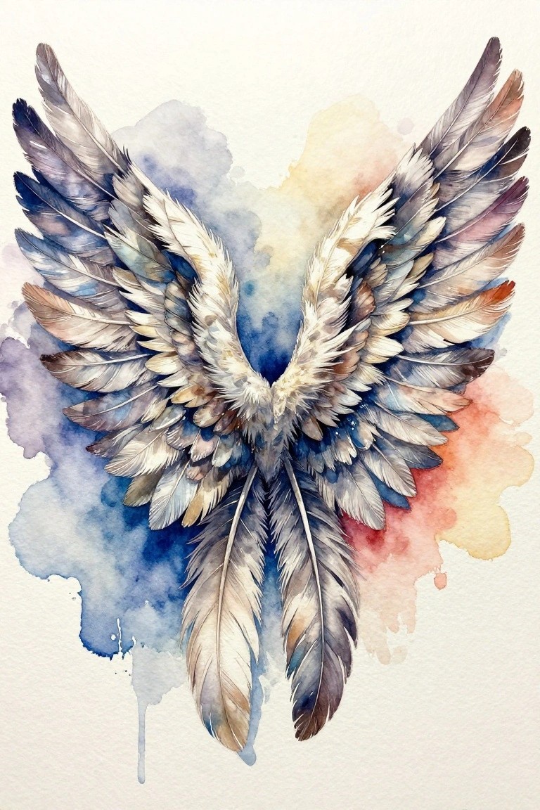 Watercolor painting of symmetrical feathered angel wings in blue and brown tones with vibrant background