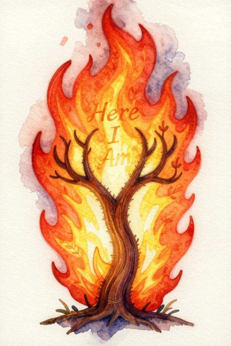 Watercolor of burning tree with orange-red flames and 