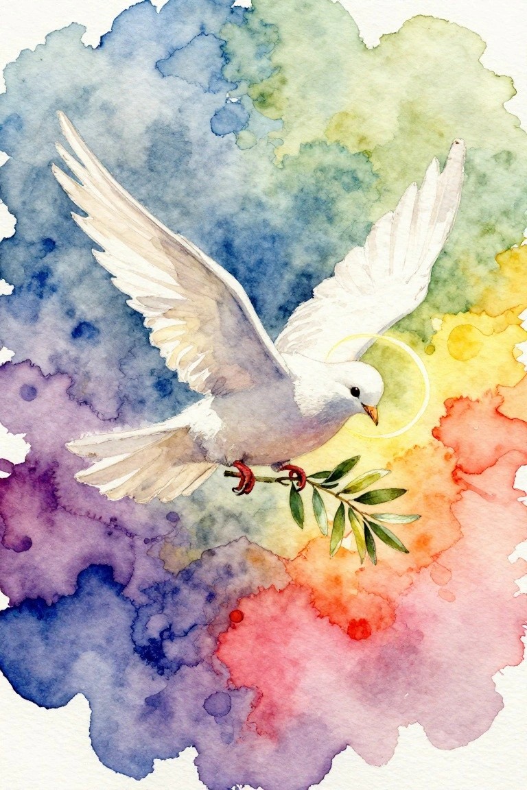 Watercolor of a white dove with halo carrying olive branch amid vibrant splashes.