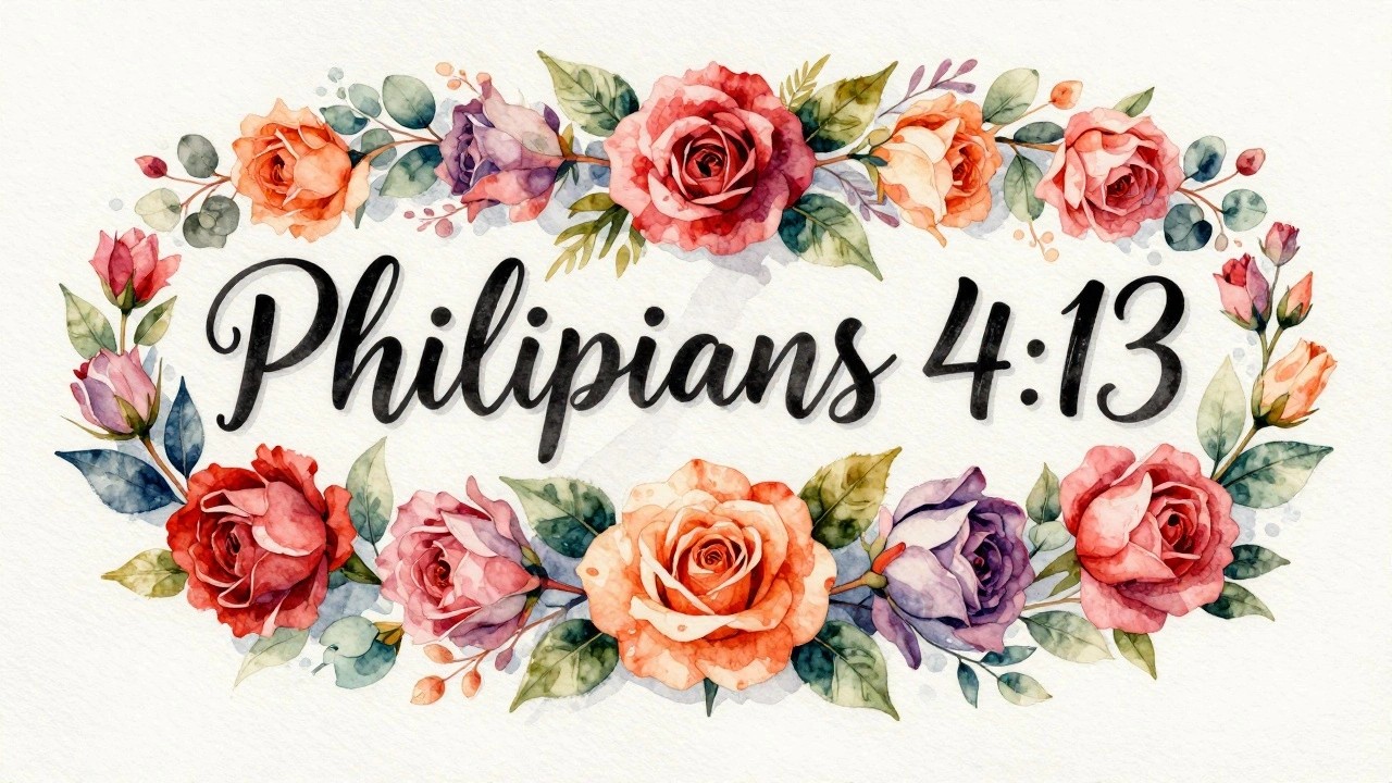 Watercolor wreath of pink red roses encircling Pilipians 4:13 calligraphy text