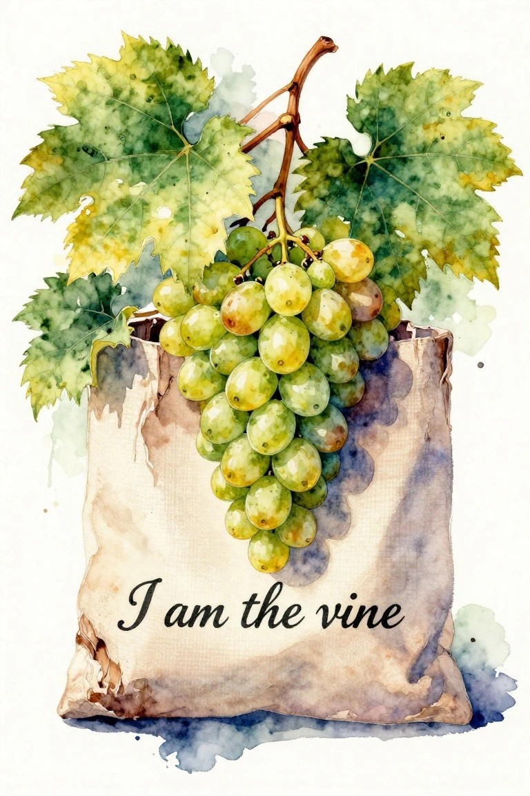 A watercolor painting of green grapes on a vine coming out of a torn paper bag with the words 