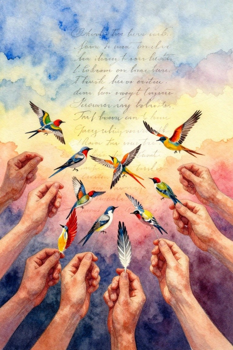 Hands holding strings to colorful birds and a white feather in watercolor sky