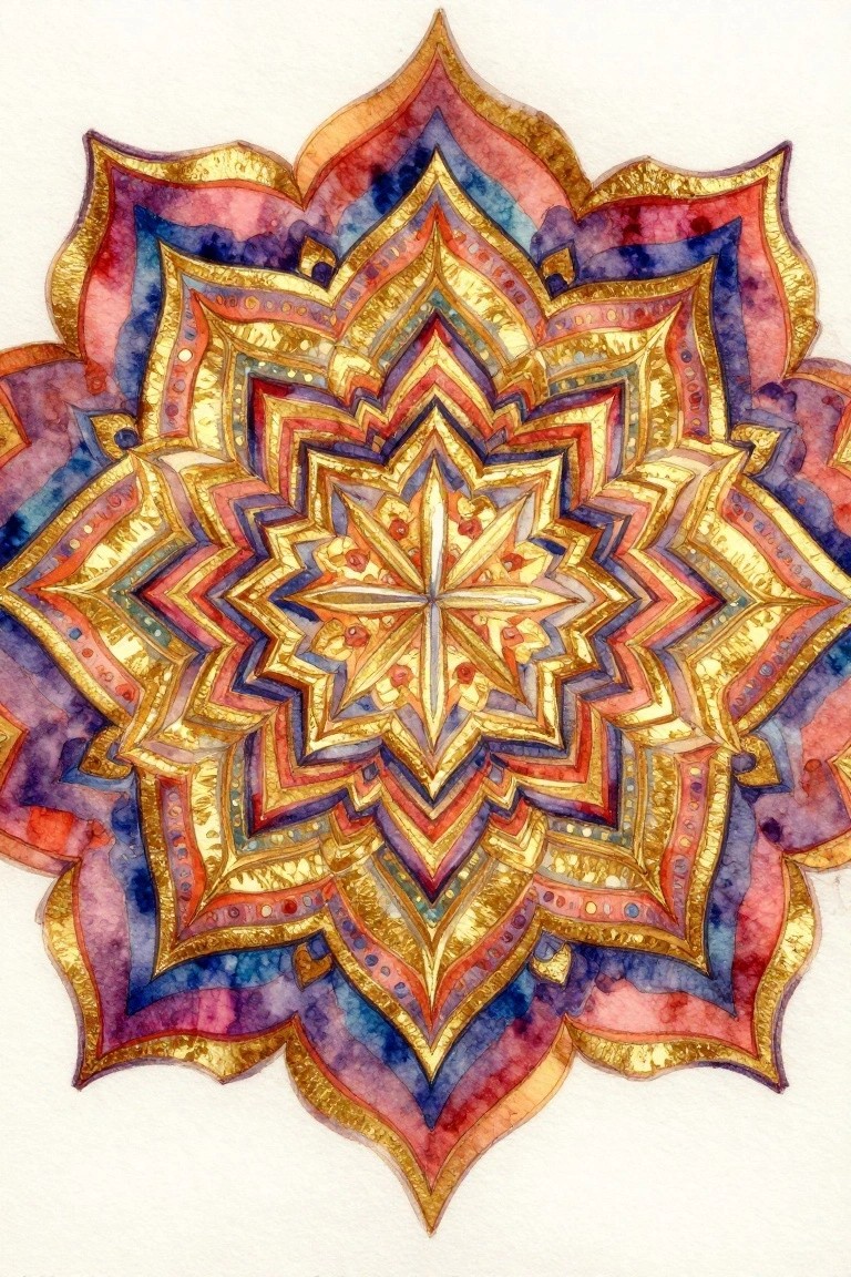 Vibrant layered mandala with gold accents in red, blue, and purple watercolor