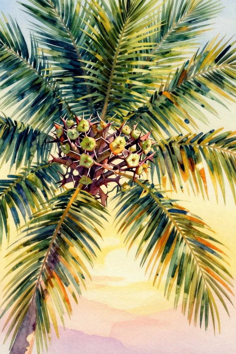 Watercolor of palm fronds with spiky green-orange fruit cluster against a sunset sky