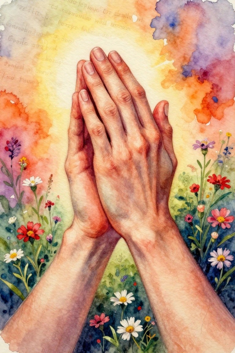Two hands clasped together in prayer with colorful wildflowers scattered around them on a soft watercolor background.