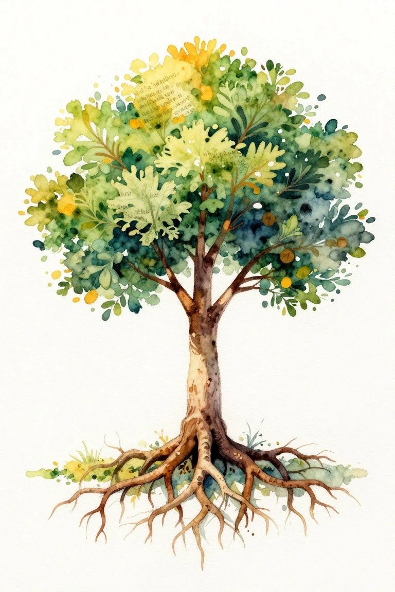 A watercolor painting of a tree with green and yellow leaves, brown trunk, and exposed roots, with small text visible on some leaves.