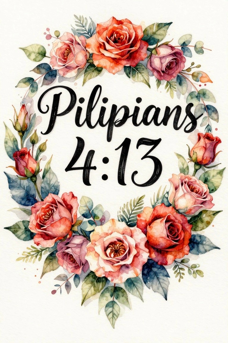Watercolor wreath of pink red roses encircling Pilipians 4:13 calligraphy text