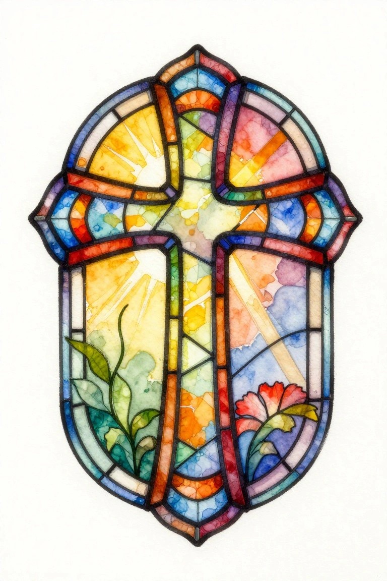 Colorful stained glass cross window with leaves, red flowers, and radiant panels.