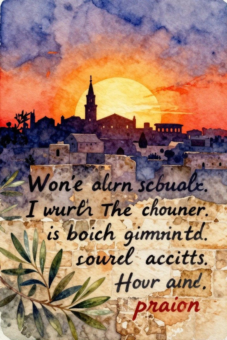 Watercolor sunset over silhouetted city with stone wall, leaves, and overlaid text.