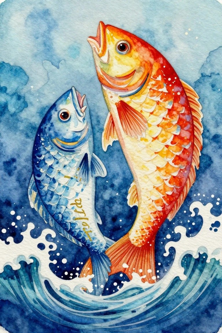 Watercolor of smiling blue and orange fish facing amid splashing waves
