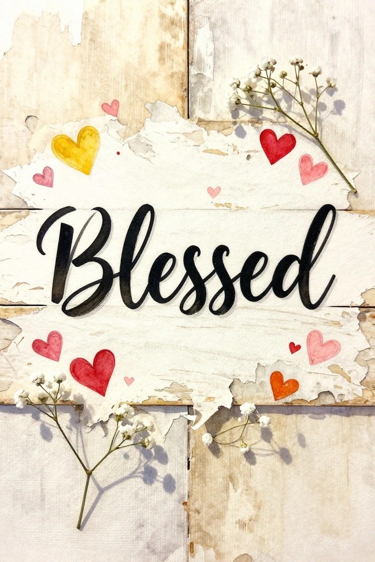 Blessed calligraphy on torn paper with hearts and flowers over wood