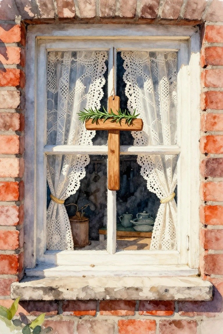Watercolor of wooden cross with greenery on lace-curtained window in red brick wall.