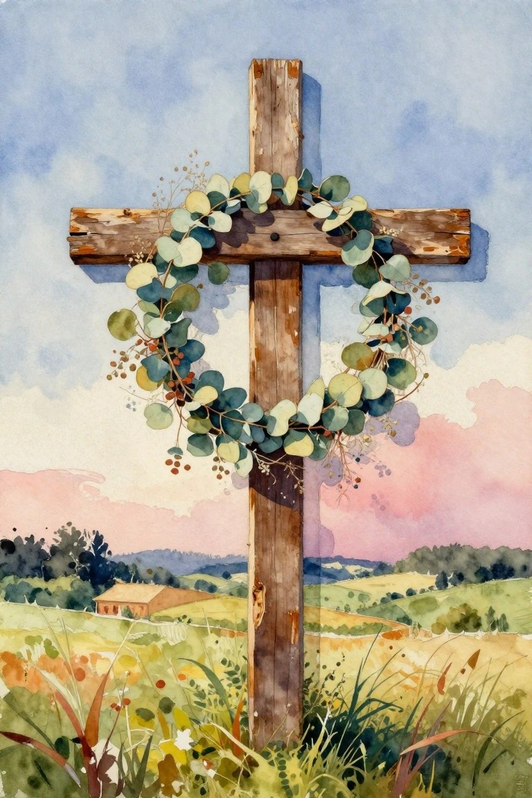 Wooden cross with leafy wreath in watercolor countryside landscape at sunset