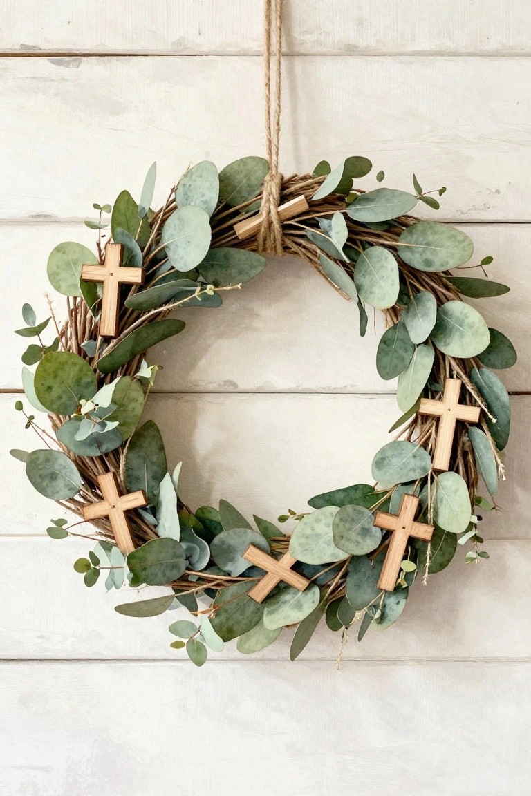 A circular wreath of eucalyptus leaves and twigs with four small wooden crosses attached, hanging on a white wood wall.