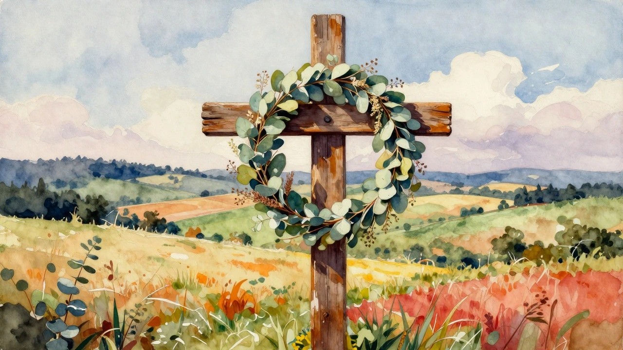 Wooden cross with leafy wreath in watercolor countryside landscape at sunset