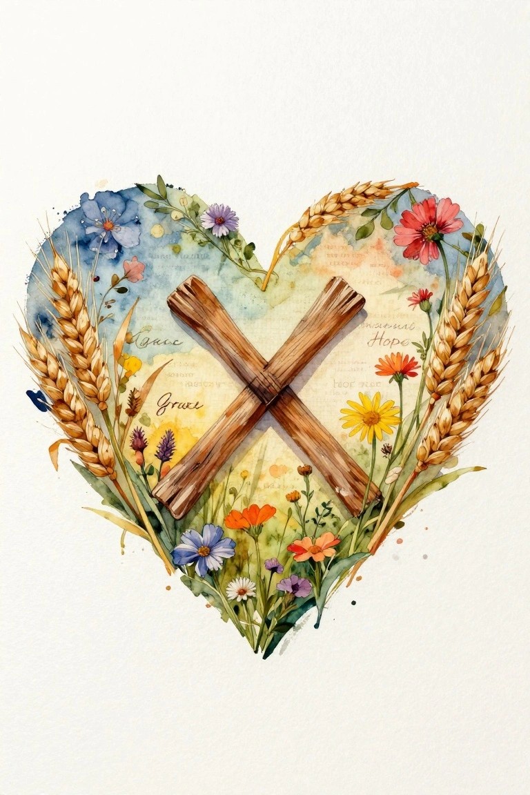 A heart-shaped watercolor painting shows a wooden cross at the center with wheat stalks and colorful flowers around the edges.