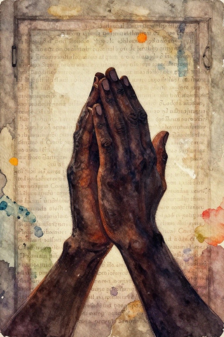 Clasped dark hands in prayer over aged manuscript with colorful watercolor stains