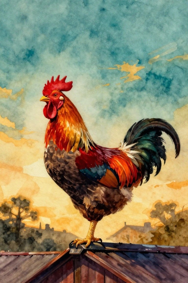 Vibrant rooster with red comb perched on rooftop under colorful sky.