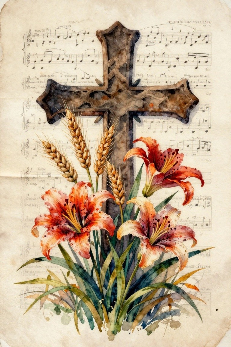 Watercolor cross with orange lilies and wheat over sheet music background