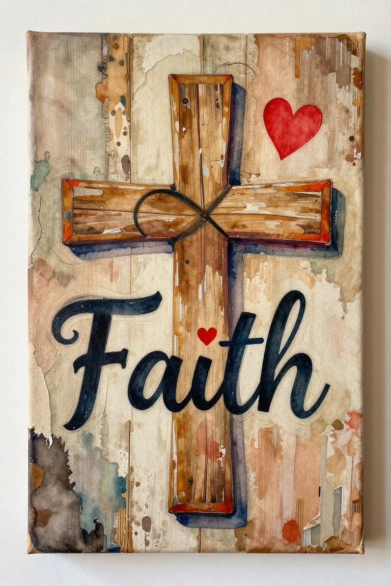 Wooden cross with rope, red heart, and Faith text on distressed background
