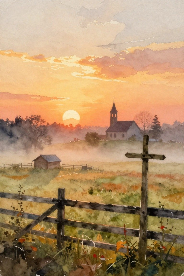 Watercolor landscape at sunset with church, misty fields, wooden fences and cross