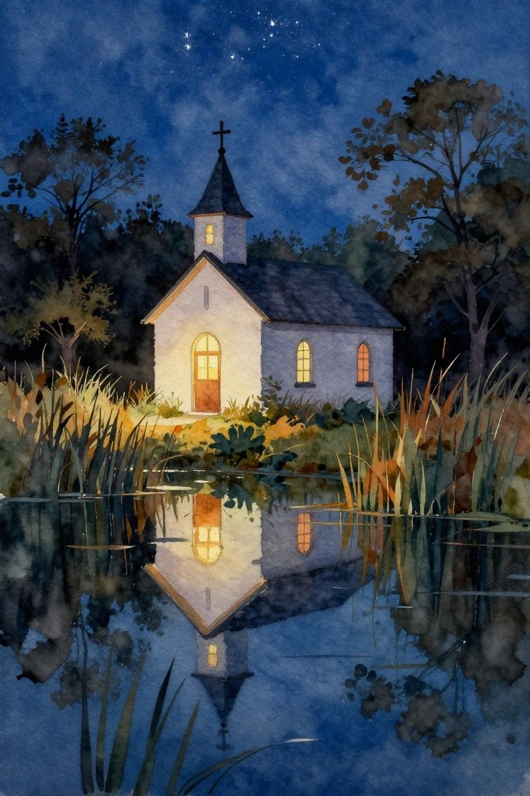 A watercolor painting of a white church with a cross on top at night, reflected in a pond surrounded by tall grass and trees under a starry sky.