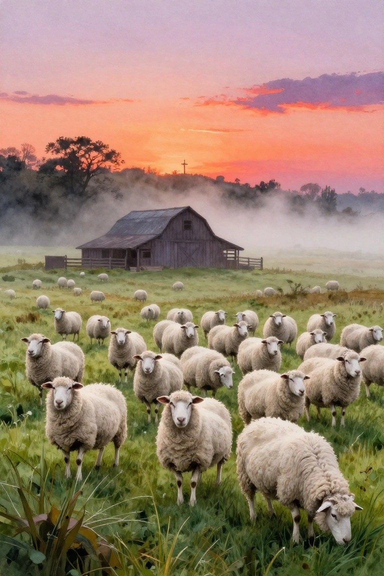 A flock of white sheep grazing in a green field at sunset, with a wooden barn, misty hills, and a cross on a distant ridge under an orange and pink sky.