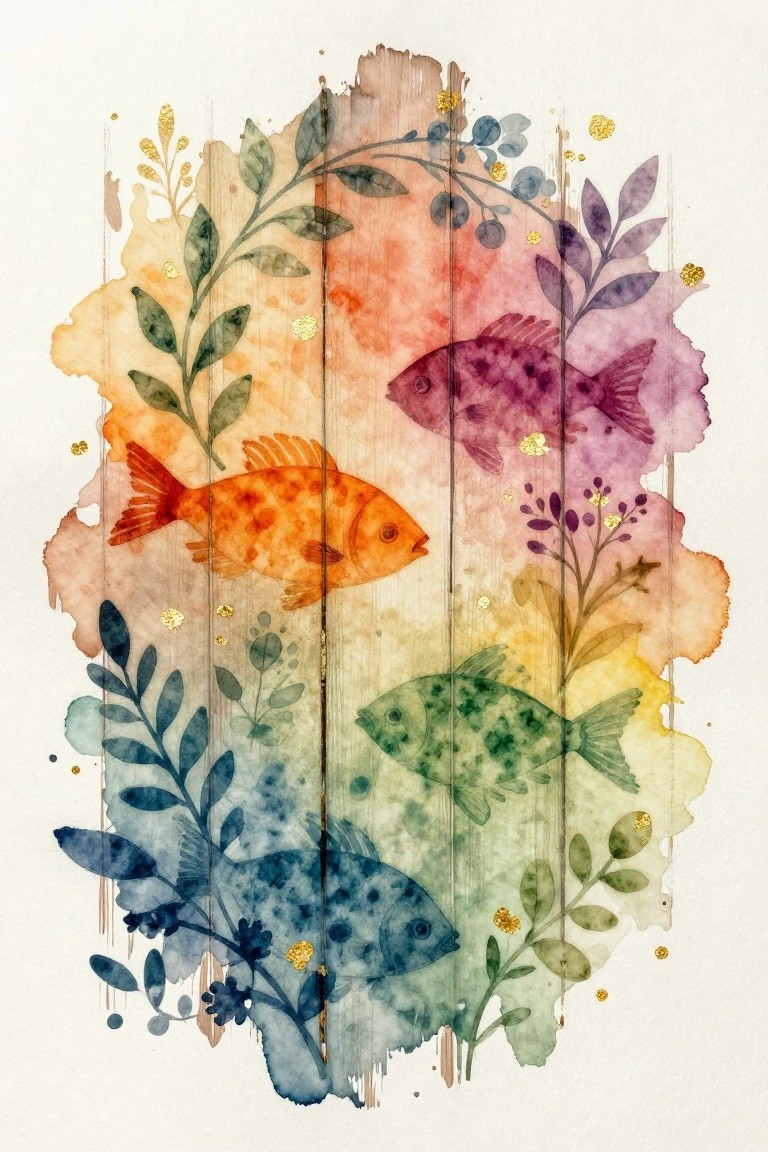 Three colorful fish amid leaves with gold accents on watercolor wood background