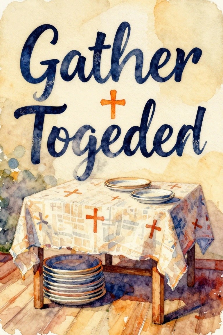 Watercolor of table with plates on cross-patterned cloth under