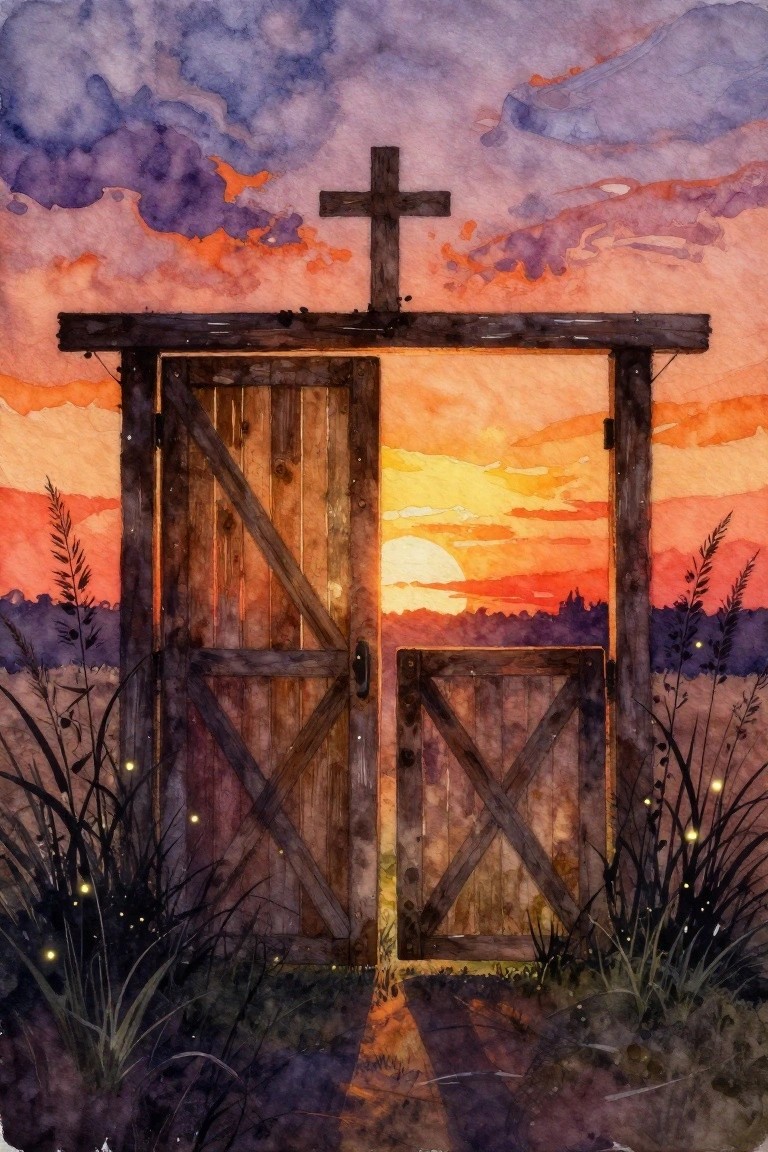 Watercolor painting of open wooden barn doors with a cross on top, set against a colorful sunset over fields with small glowing lights in the grass.