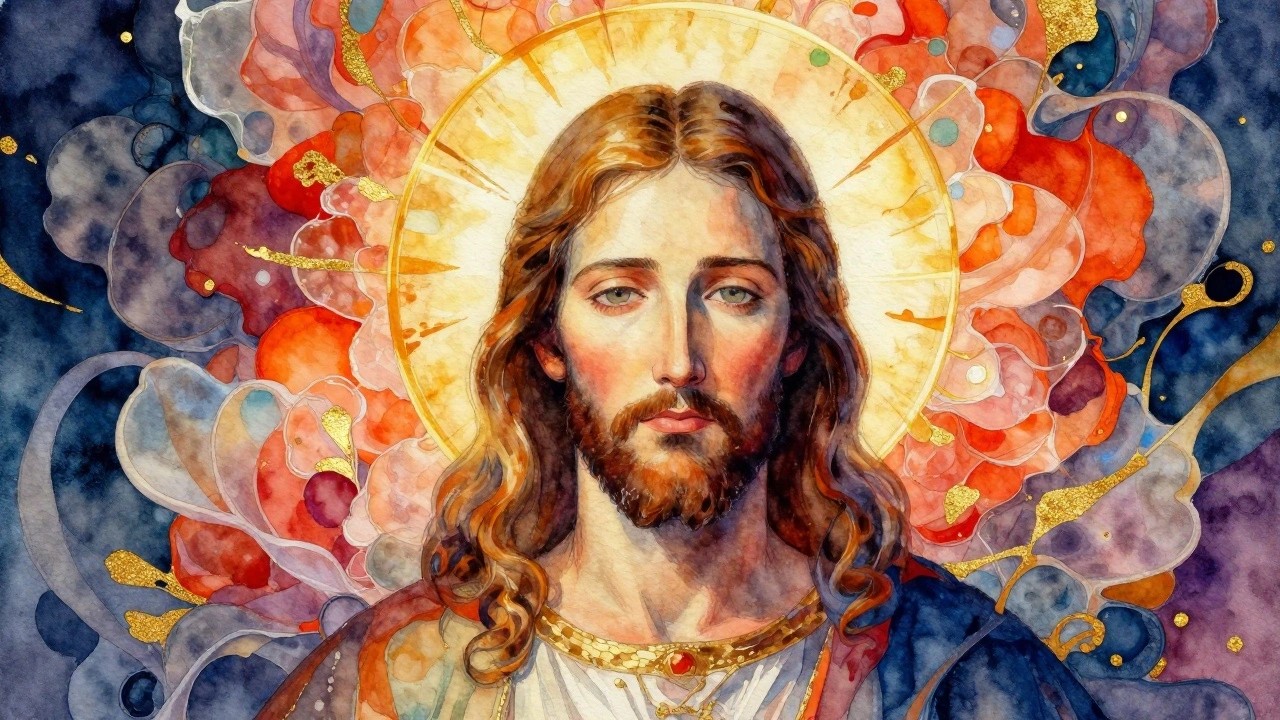 Watercolor Jesus with closed eyes, long brown hair, beard, golden halo, white robe