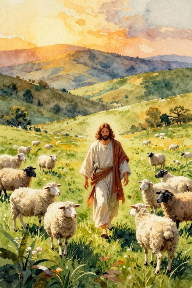 Jesus in white-brown robes walking among sheep in vibrant hilly watercolor landscape
