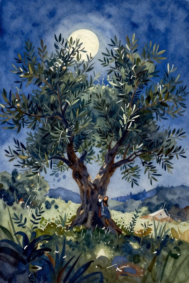 Woman in blue touches gnarled olive tree under full moon in watercolor night scene