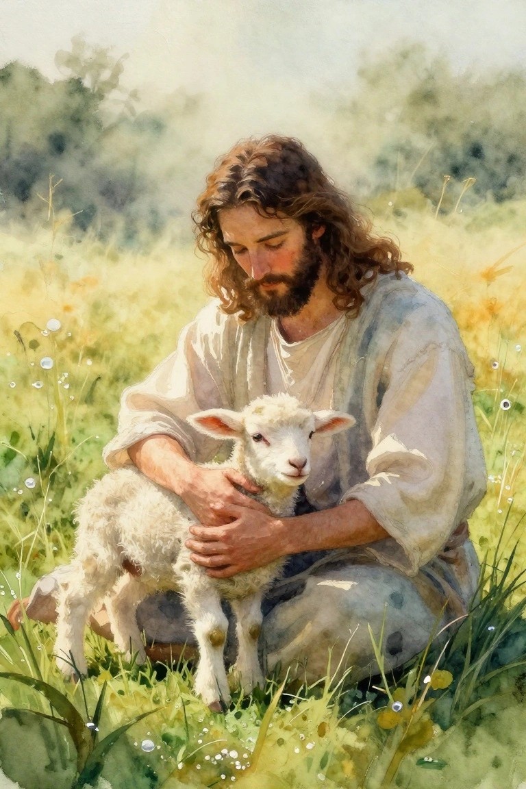 Bearded man in robes cradling white lamb in sunny meadow, watercolor painting