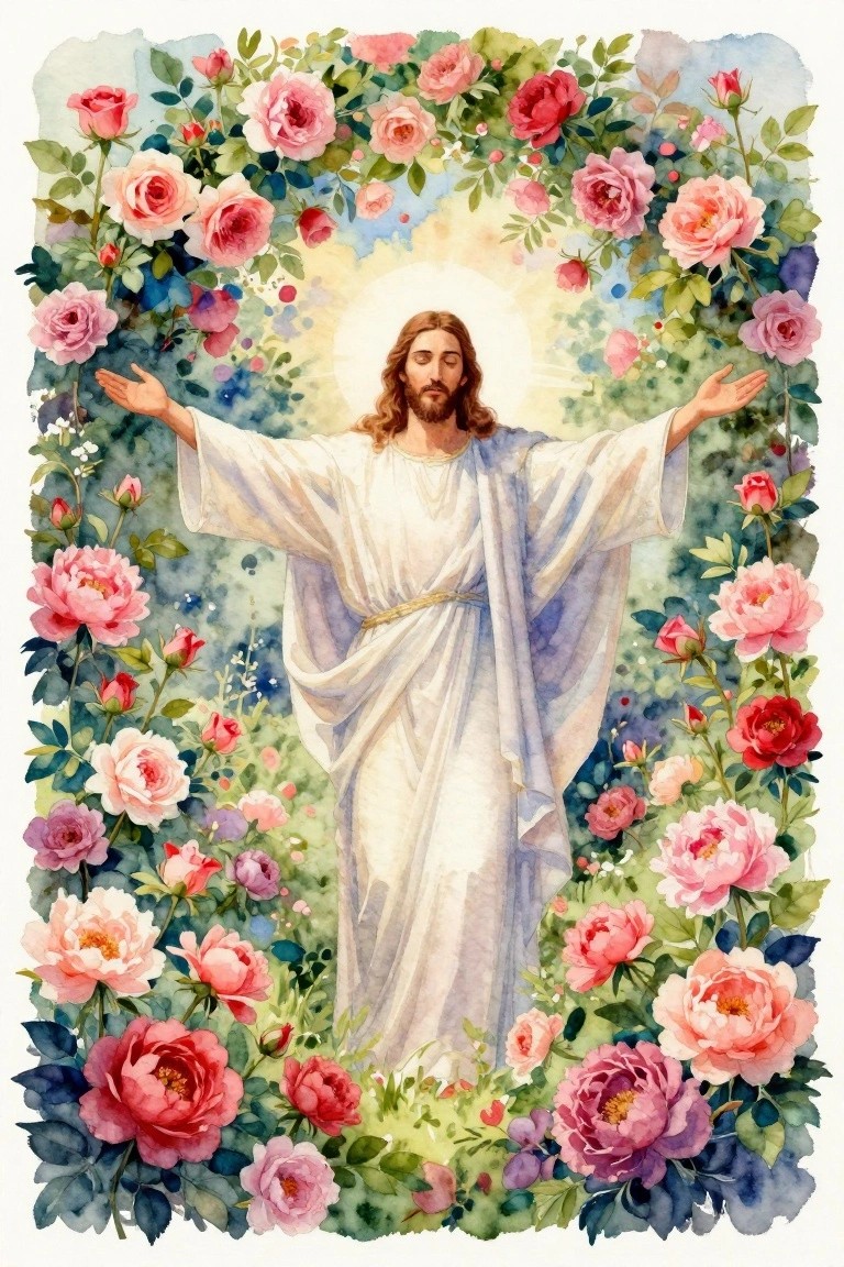 A watercolor painting of Jesus with arms outstretched, surrounded by pink and red roses and a glowing halo.